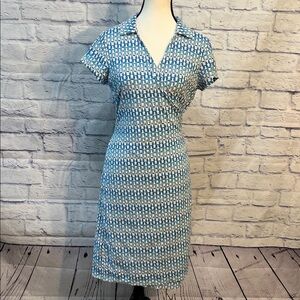 J. McLaughlin Collared Wrap Dress Chain Link Print Short Sleeve Size Medium Blue